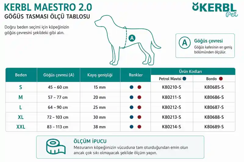 Kerbl Maestro 2.0 köpek göğüs tasması S M L XL XXL beden ölçü tablosu
