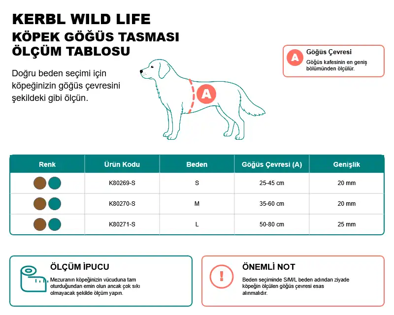 Kerbl Wild Life köpek göğüs tasması S M L beden ölçü tablosu