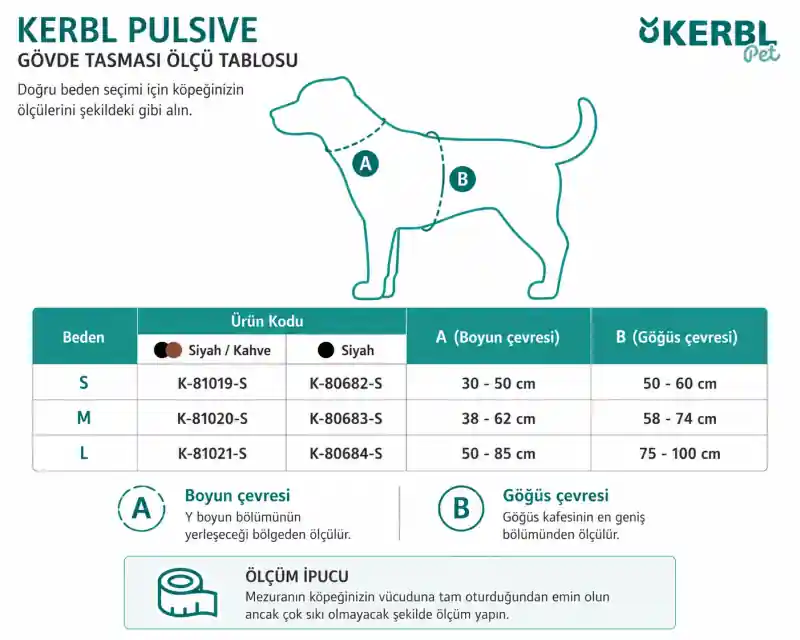 Kerbl Pulsive köpek göğüs tasması M L XL beden ölçü tablosu