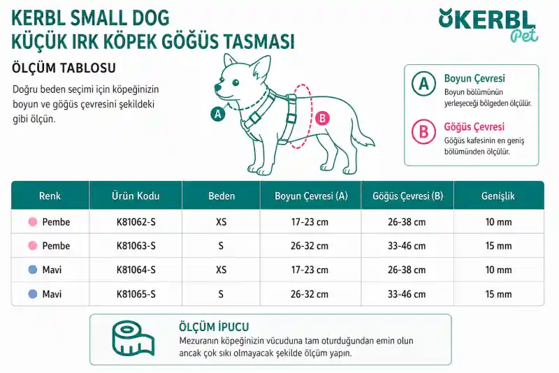 Kerbl Small Dog küçük ırk köpek göğüs tasması XS ve S beden ölçü tablosu