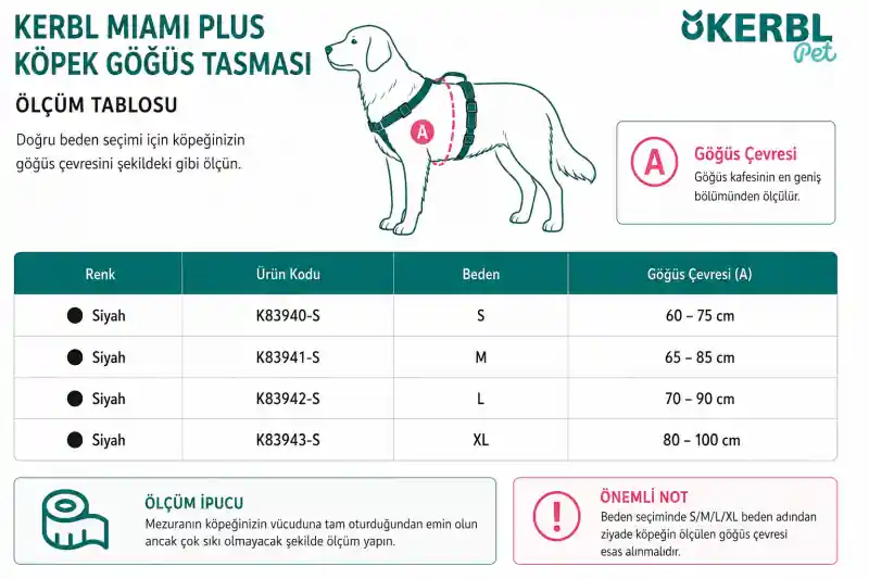 Kerbl Miami Plus köpek göğüs tasması S M L XL beden ölçü tablosu