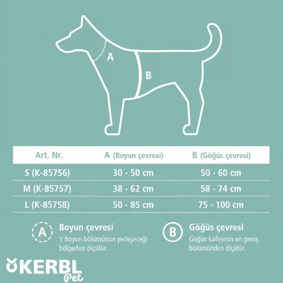 Kerbl Fitty köpek göğüs tasması S M L beden boyun ve göğüs ölçüm rehberi