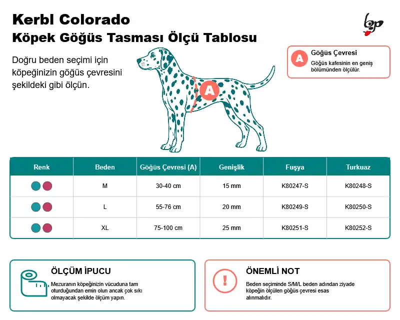 Kerbl Colorado köpek göğüs tasması göğüs çevresi ölçüm rehberi