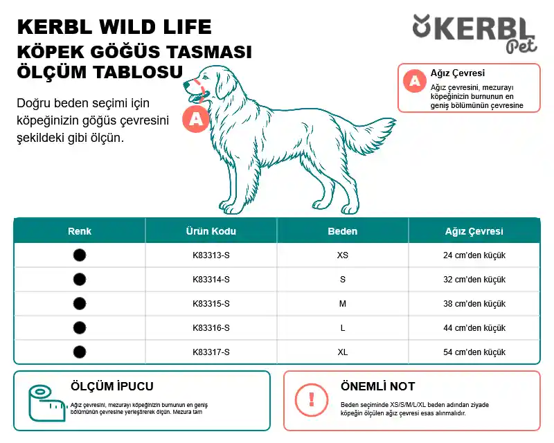 Kerbl Maxi Coach köpek eğitim tasması XS S M L XL ağız çevresi ölçü tablosu