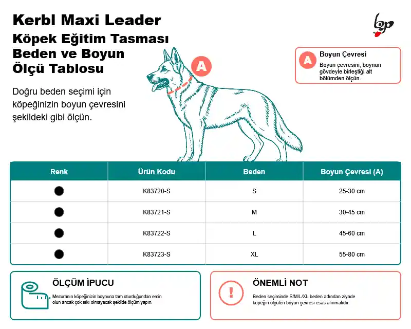 Kerbl Maxi Leader çekiş kontrol köpek eğitim tasması S M L XL boyun ölçü tablosu