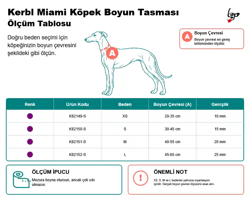 Kerbl Miami köpek boyun tasması S M L boyun çevresi ölçü tablosu