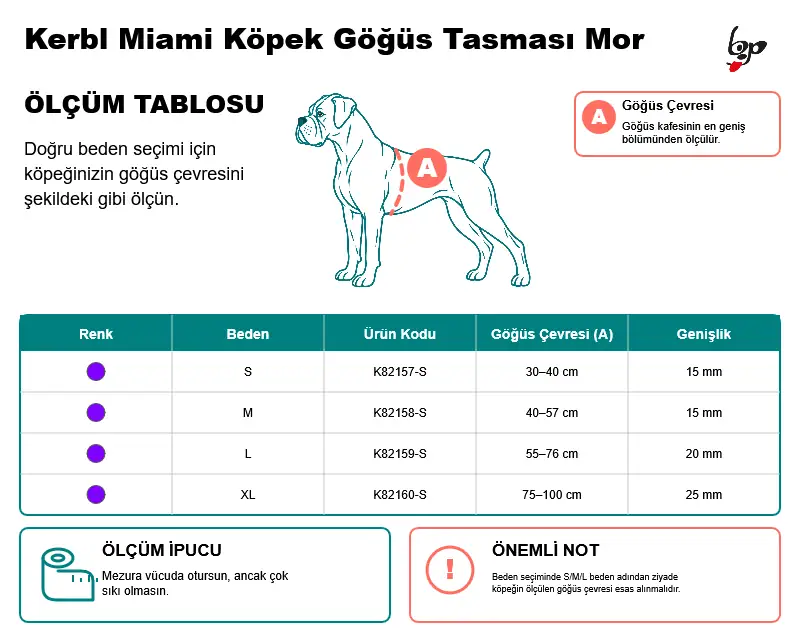 Kerbl Miami köpek göğüs tasması S M L XL göğüs çevresi ölçü tablosu