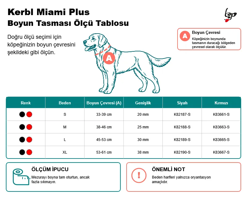 Kerbl Miami Plus köpek boyun tasması boyun çevresi ölçüm rehberi