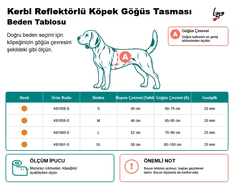 Kerbl reflektörlü köpek göğüs tasması S M L XL boyun ve göğüs çevresi ölçü tablosu