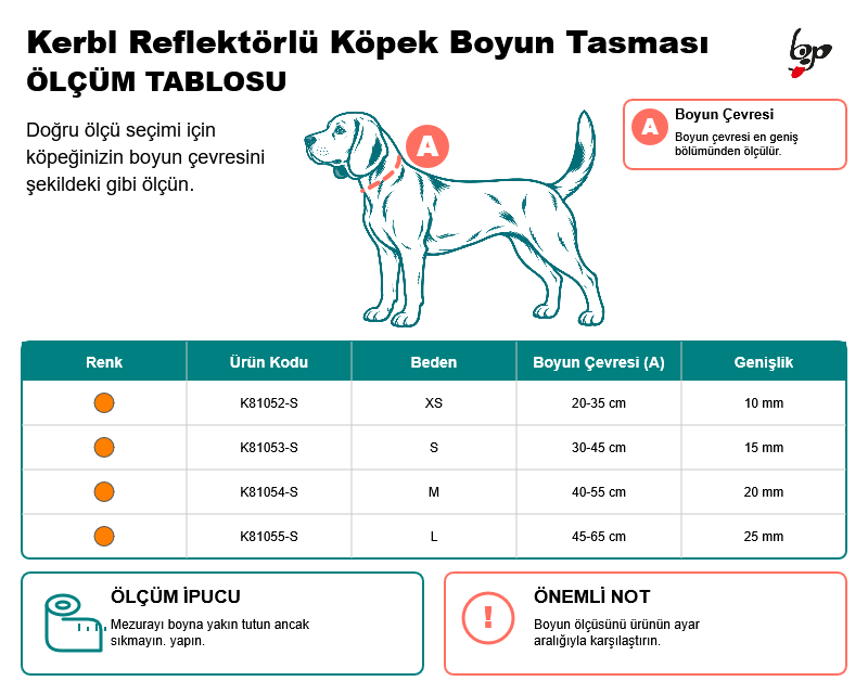 Kerbl reflektörlü köpek boyun tasması XS S M L boyun çevresi ölçü tablosu