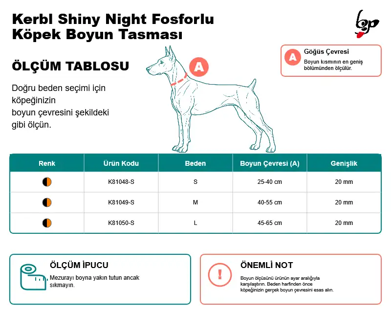 Kerbl Shiny Night fosforlu köpek boyun tasması S M L boyun çevresi ölçü tablosu