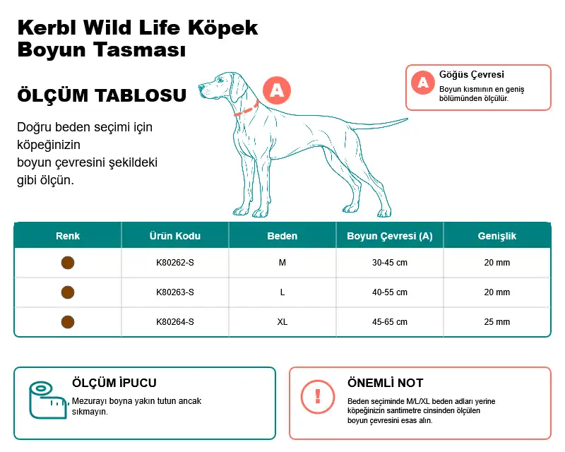 Kerbl Wild Life köpek boyun tasması M L XL beden ölçü tablosu
