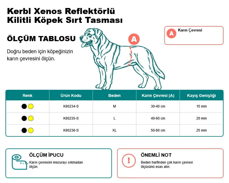 Reflektörlü köpek sırt tasması M L XL karın çevresi ve kayış genişliği ölçü tablosu
