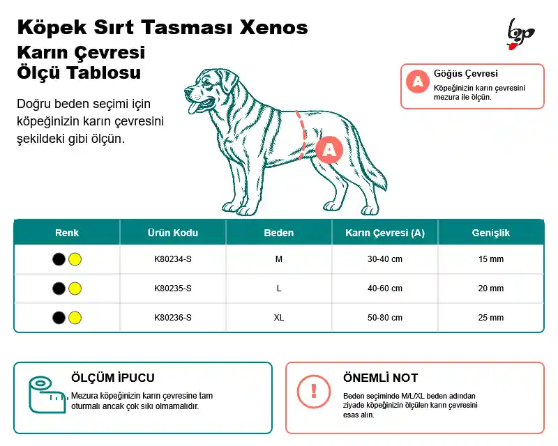 Reflektörlü köpek sırt tasması M L XL karın çevresi ve kayış genişliği ölçü tablosu