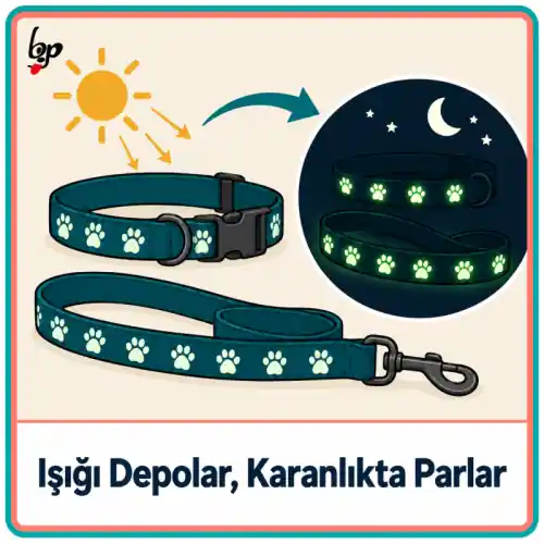 Köpek ekipmanında ışığı depolayan ve karanlıkta parlayan fosforlu baskı